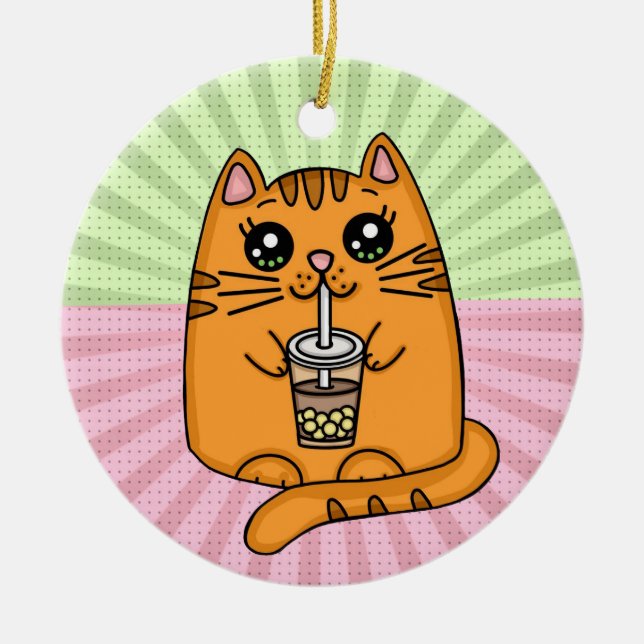 Ornamento De Cerâmica Kitty Cat bebendo Boba Tea (Frente)