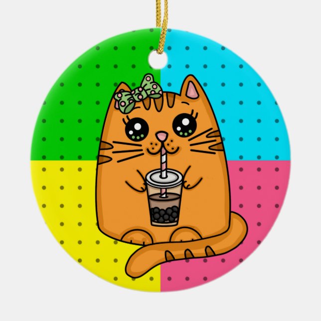 Ornamento De Cerâmica Kitty Cat Bebendo Boba Tea (Frente)