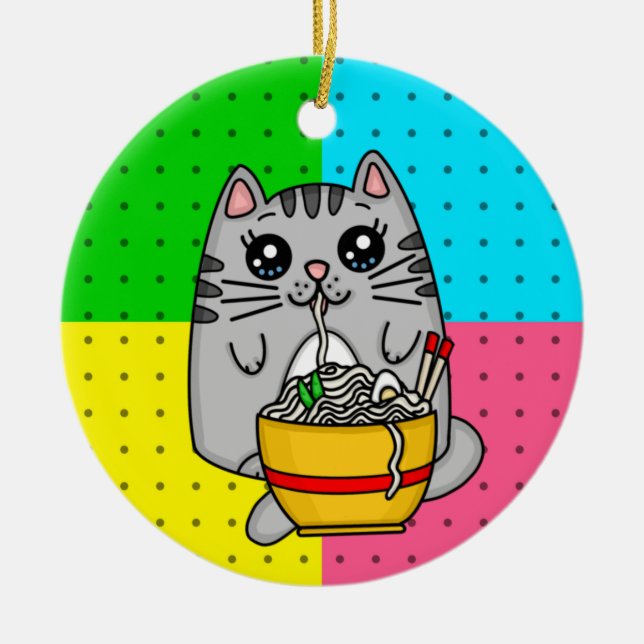 Ornamento De Cerâmica Kitty Cat comendo Ramen Noodles (Frente)