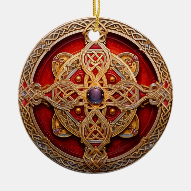 Ornamento De Cerâmica Knotwork Dourado Vermelho Celta (Frente)