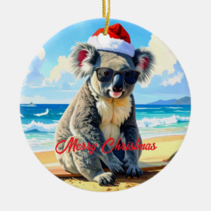 Ornamento De Cerâmica Koala de Chapéu de Papai Noel ao Sol e ao Surf 