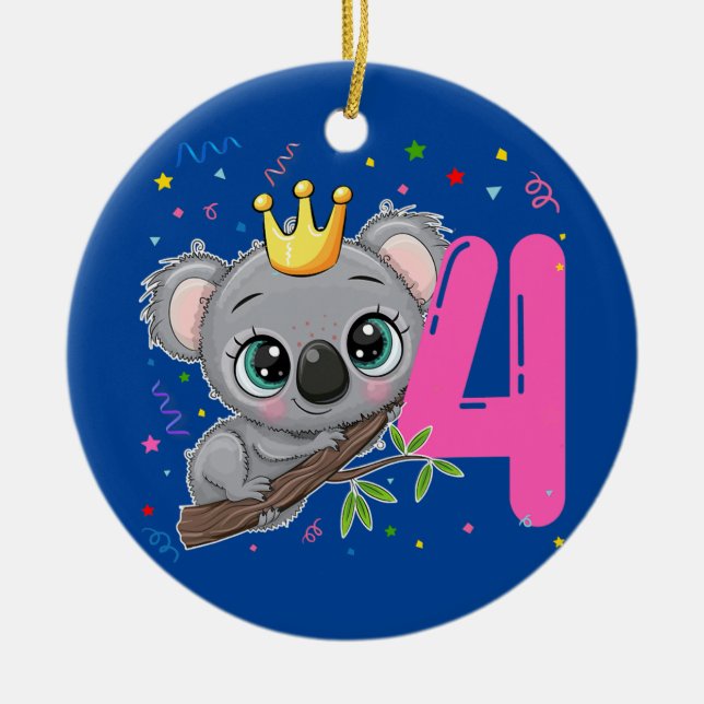 Ornamento De Cerâmica Koala Princesa 4 Anos Garota de Aniversário (Frente)