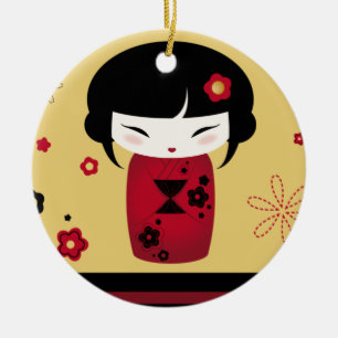 Ornamento De Cerâmica Kokeshi vermelho