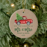 Ornamento De Cerâmica Kraft Brush Script First Christmas Vintage Truck<br><div class="desc">Kraft Modern Green Brush Escreve nosso Primeiro Natal como Sr. e Sra. - Watercolor Vintage Red Truck Ornament</div>