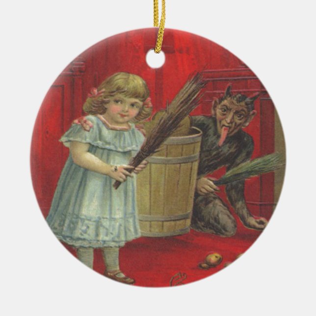 Ornamento De Cerâmica Krampus Brincando Com Rapariga (Frente)