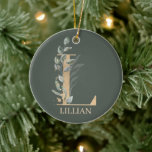 Ornamento De Cerâmica L Monograma Floral Personalizado<br><div class="desc">Florial do monograma da letra L. A letra L na textura marrom ouro acentuada com folhas compostas de cor aquosa verde,  flores e pó de ouro. Personalizado com o nome na fonte correspondente.</div>