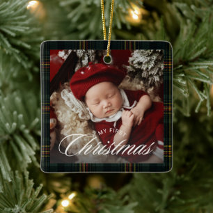 Ornamento De Cerâmica Lã Xadrez com Laço de Veludo Primeiro Natal do Beb