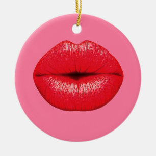 Ornamento De Cerâmica Lábios grandes do pop art do batom vermelho no