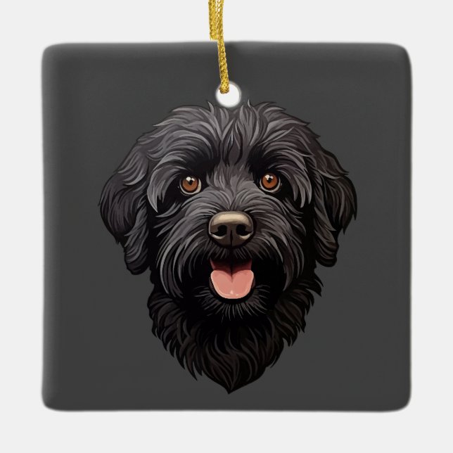 Ornamento De Cerâmica Labradoodle Black Dog (Frente)