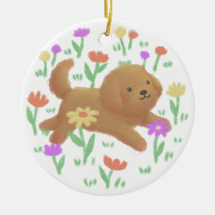 Ornamento De Cerâmica Labradoodle com Ilustração de Flores