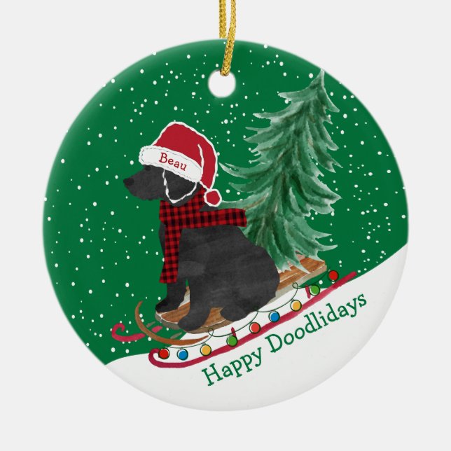Ornamento De Cerâmica Labradoodle Personalizado Sled de Natal (Frente)