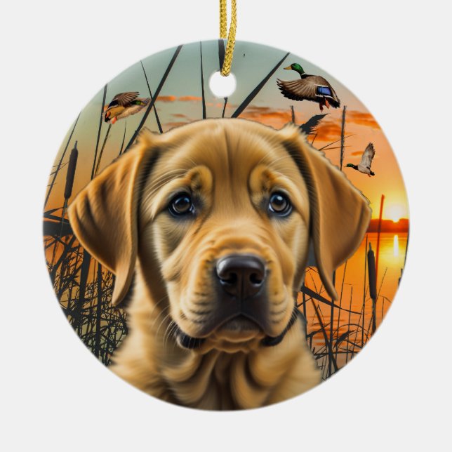 Ornamento De Cerâmica Labrador Amarelo Personalizado Puppy (Frente)