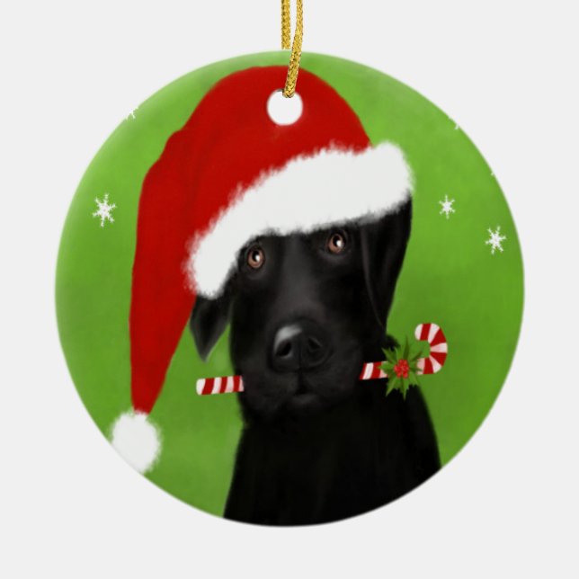Ornamento De Cerâmica Labrador preto - cão engraçado do Natal (Frente)