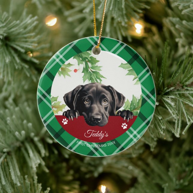 Ornamento De Cerâmica Labrador Preto Primeiro Natal Personalizado (Árvore)