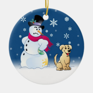 Ornamento De Cerâmica Labrador retriever amarelo e boneco de neve
