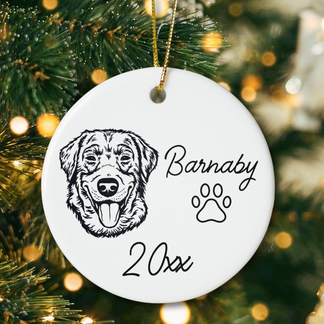 Ornamento De Cerâmica Labrador Retriever Arte de Linha Personalizada com (Labrador Retrieve Dog Custom Name and Year Ornament with Paw Print. Black and White Line Art Modern)