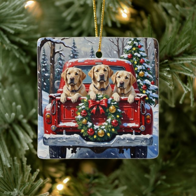 Ornamento De Cerâmica Labrador Retriever Christmas Red Truck Holiday (Árvore)