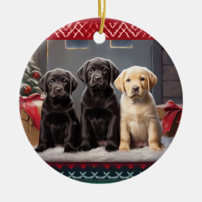 Ornamento De Cerâmica Labrador Retriever filhotes Natal (Frente)