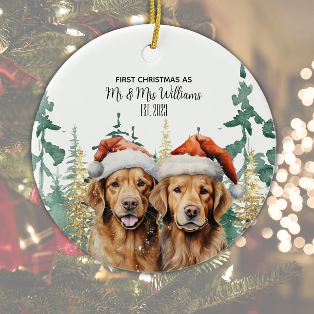 Ornamento De Cerâmica Labrador Retrievers Casal Monograma Nome Natal (1st Christmas married keepsake for dog lovers. Personalize as required.  
)