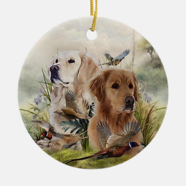 Ornamento De Cerâmica Labrador Retrievers com Faisão, Arte (Frente)