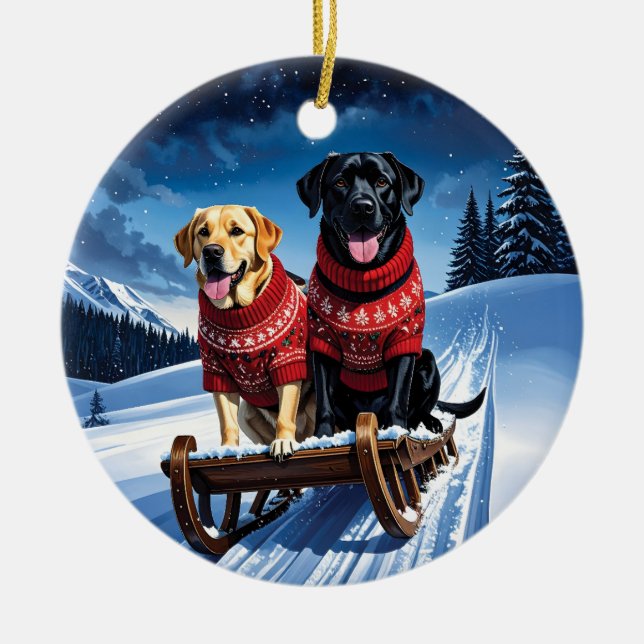 Ornamento De Cerâmica Labradores Sled Ride Christmas (Frente)
