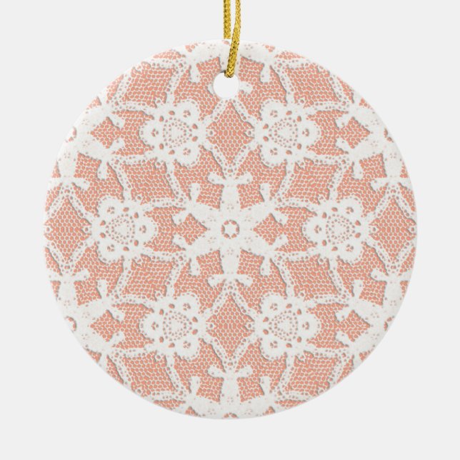 Ornamento De Cerâmica Lace antigo - branco e pêssego (Frente)