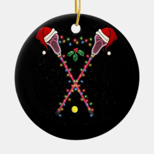 Ornamento De Cerâmica Lacrosse Santa Hat Natal Luzes Esporte (Frente)