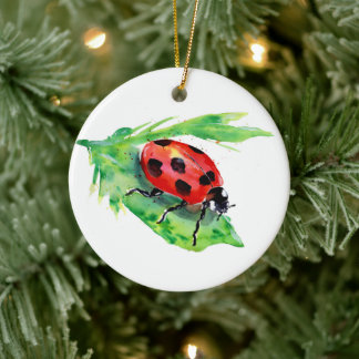 Ornamento De Cerâmica Ladybug na Folha Verde