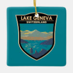 Ornamento De Cerâmica Lago de Genebra Suiça Art Vintage<br><div class="desc">Lago Genebra no lado da Suiça do vetor de arte design. O lago de Genebra (ou Lac Léman) é um lago em forma de crescente,  partilhado entre a França e a Suiça,  e ignorado pelos Alpes.</div>