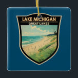 Ornamento De Cerâmica Lago Michigan Viagem Art Vintage<br><div class="desc">Design de arte vetorial do lago Michigan. O lago Michigan é um dos cinco Excelentes da América do Norte. É o segundo maior dos lagos Excelentes em volume.</div>