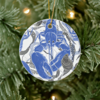 Ornamento De Cerâmica Lagosta em Travesseiro decorativo azul