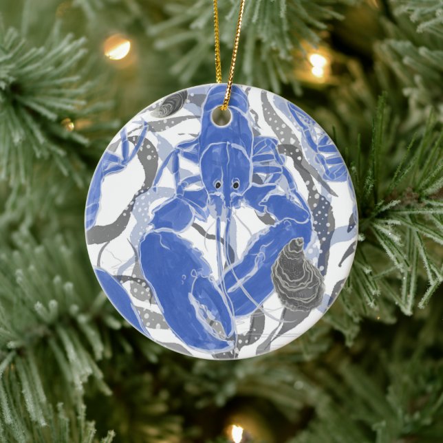Ornamento De Cerâmica Lagosta em Travesseiro decorativo azul (Árvore)