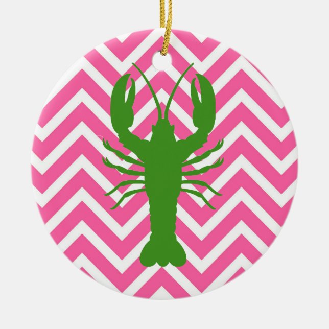 Ornamento De Cerâmica Lagosta Verde e Monograma de Chevron Rosa (Frente)