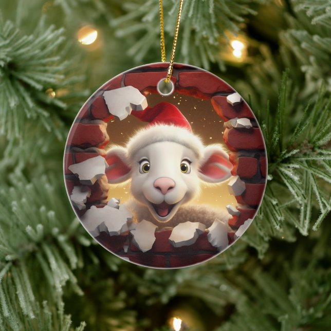 Ornamento De Cerâmica Lamb festivo em Santa Hat - 3D (Árvore)