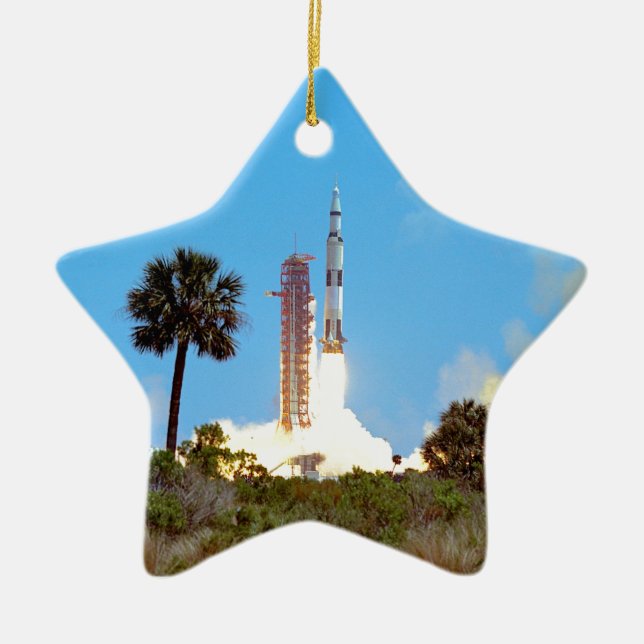 Ornamento De Cerâmica Lançamento do Foguete Saturn V da NASA Apollo 16 (Frente)