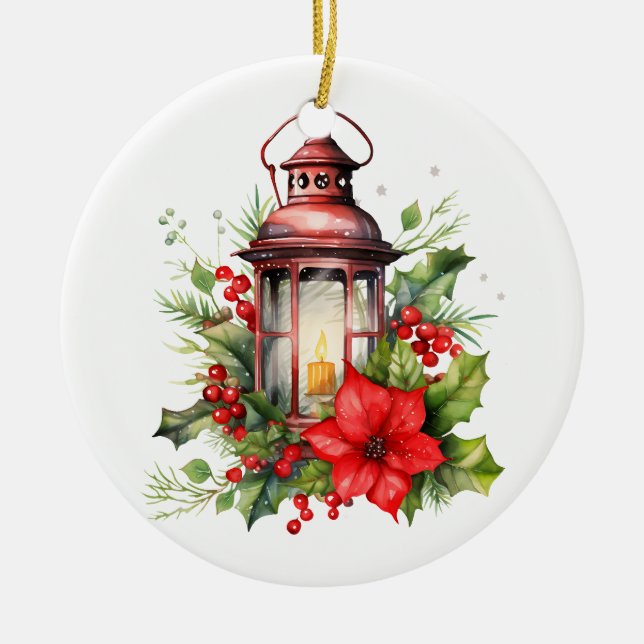 Ornamento De Cerâmica Lanterna de Natal Vermelho Poinsettia e Pinheiro (Frente)