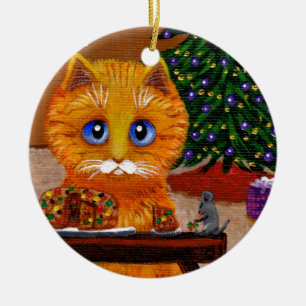 Ornamento De Cerâmica Laranja engraçado do Natal Arte de gato Creationar