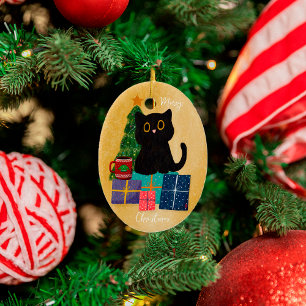 Ornamento De Cerâmica Laranja Festivo Feliz Natal Gato Preto Café