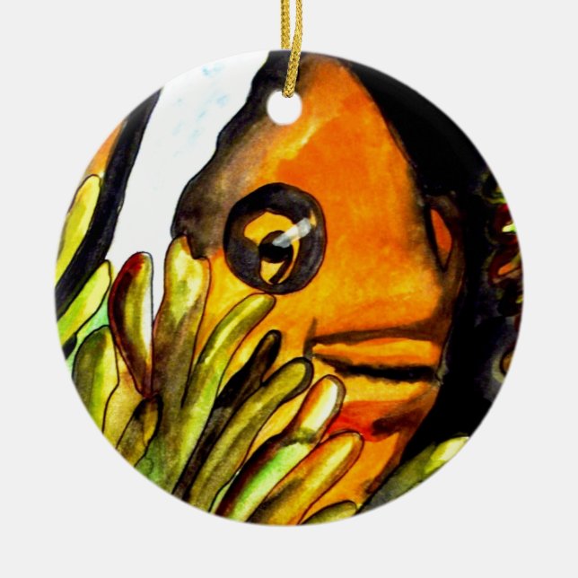 Ornamento De Cerâmica Laranja Palhaço Peixe aquarela pintura original (Frente)