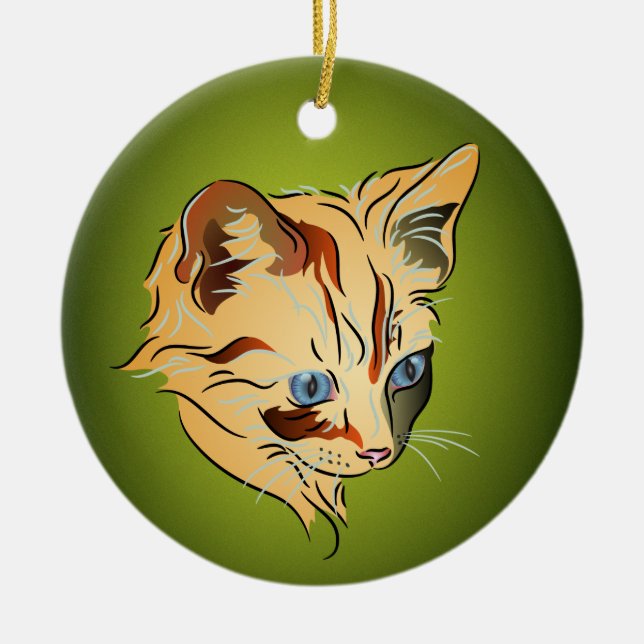 Ornamento De Cerâmica Laranja Tabby Kitten com Azul (Frente)