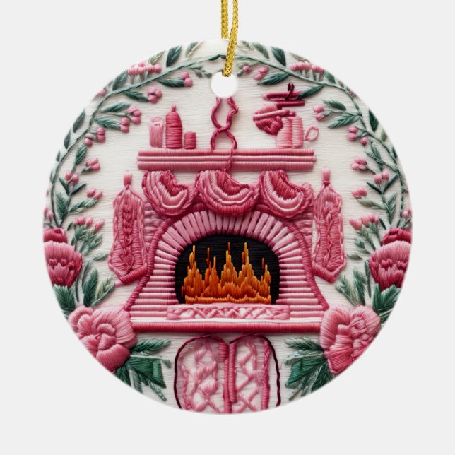 Ornamento De Cerâmica Lareira de Natal Rosa (Frente)