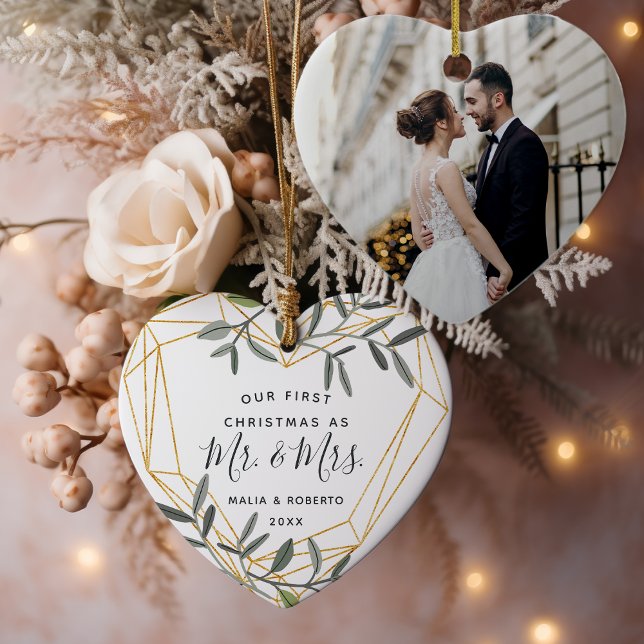 Ornamento De Cerâmica Laurel Leaf Primeiro Casado Natal (Criador carregado)
