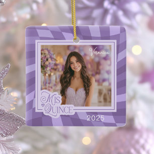 Ornamento De Cerâmica Lavanda Checkerboard Foto Quinceanera Keepsaet