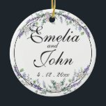 Ornamento De Cerâmica Lavanda de Ivory e Eucalyptus<br><div class="desc">Um design elegante e vintage, com rosas de marfim, eucalipto e lavanda pintados em cor d'água romântica. Para começar a alterar o nome, clique em "Personalizar este modelo" e edite o texto nas caixas modelo. Para acessar as ferramentas de edição mais avançadas, role para baixo até "Clique para personalizar mais"....</div>