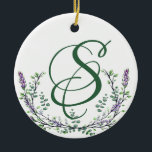 Ornamento De Cerâmica Lavanda e Eucalyptus<br><div class="desc">Um design elegante e vintage com eucalipto e lavanda pintado em cor d'água romântica. Para começar a alterar o nome, clique em "Personalizar este modelo" e edite o texto nas caixas modelo. Para acessar as ferramentas de edição mais avançadas, role para baixo até "Clique para personalizar mais". Assim que estiver...</div>