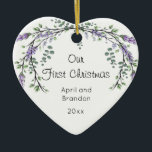 Ornamento De Cerâmica Lavanda e Eucalyptus | Primeiro Natal Cerâmica<br><div class="desc">Um design elegante e vintage com eucalipto e lavanda pintado em cor d'água romântica.</div>