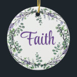Ornamento De Cerâmica Lavanda Eucalyptus flores roxas verdes<br><div class="desc">Um design romântico e elegante com a palavra "fé" enquadrada por eucalipto e lavanda pintada em aquarela. Para começar a alterar o nome, clique em "Personalizar este modelo" e edite o texto nas caixas modelo. Para acessar as ferramentas de edição mais avançadas, role para baixo até "Clique para personalizar mais"....</div>