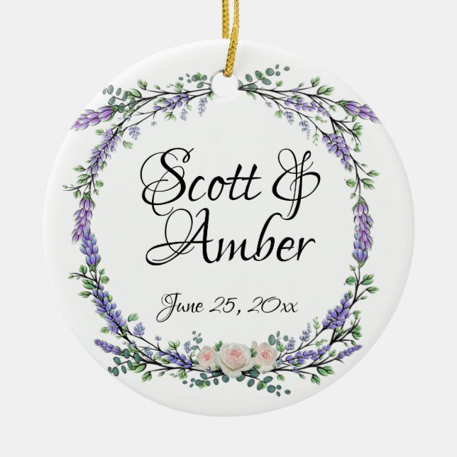 Ornamento De Cerâmica Lavanda Eucalyptus rosas brancas cor-de-rosa (Frente)