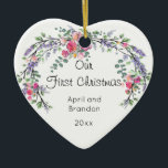 Ornamento De Cerâmica Lavanda rosa e Eucalyptus | Primeiro Natal<br><div class="desc">Um design elegante e vintage com rosas,  eucalipto e lavanda pintados com aquarela romântica.</div>