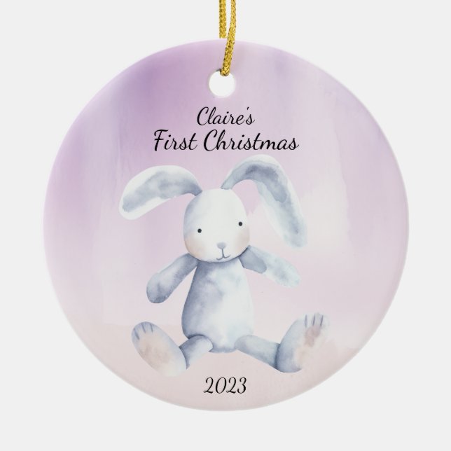 Ornamento De Cerâmica Lavender Personalizado do Primeiro Coelho de Natal (Frente)